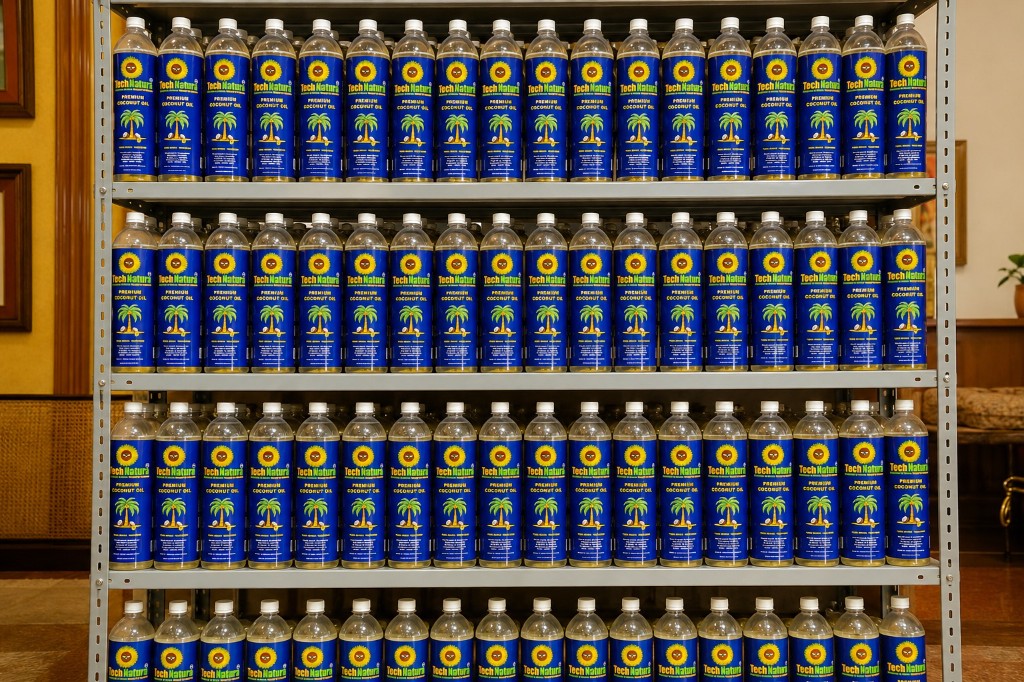Tech Natura Premium Coconut Oil bottles on shelves